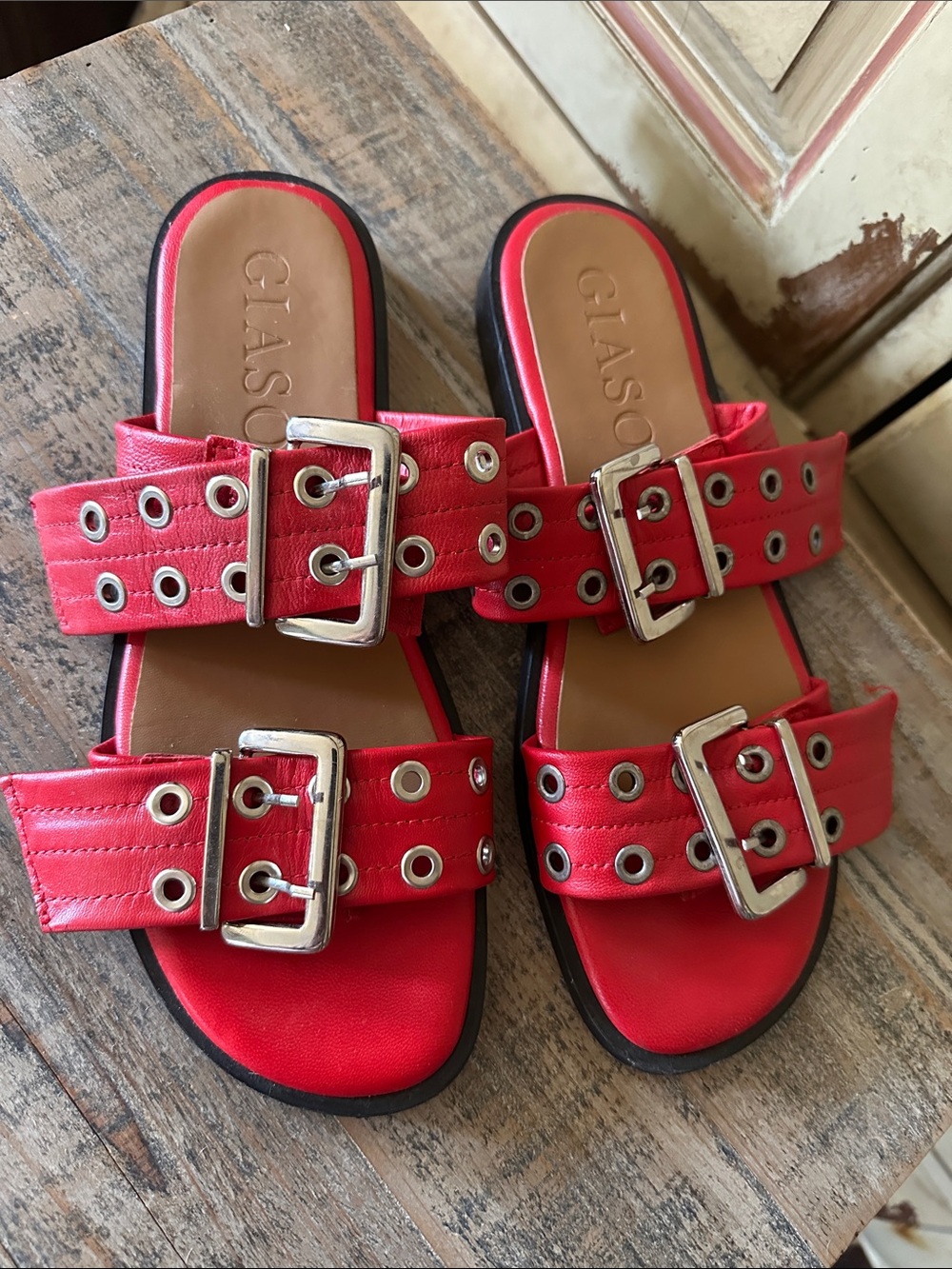 Giasone Red Leather Double Buckle Grommet Slide Sandals size 8/39